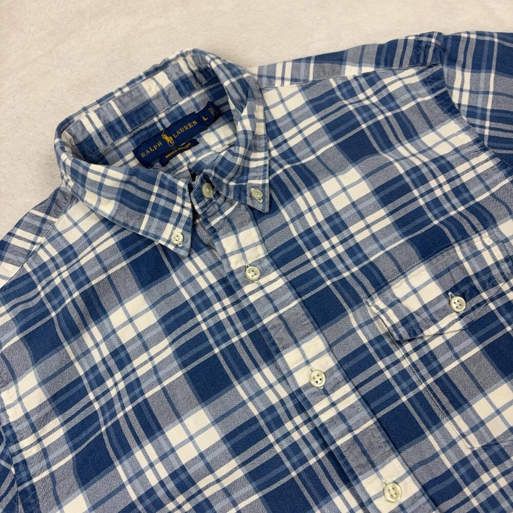 Ralph Lauren Button Up Shirt Men L Blue Plaid Indigo Oxford Short Sleeve